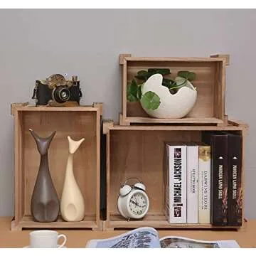 Lawei Set of 3 Wood Nesting Storage Crates with Handle, Rustic Farmhouse Decorative Wooden Crates Distressed Crates Storage Container for Display, Large Vintage Wood Decor Crates Wooden Baskets