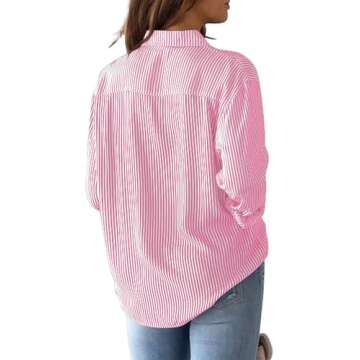 CUNLIN Pink Womens Tops for Women Striped Shirt Light Long Sleeve Top Clothes Clothing Button Down Shirts Fashion Blouses Pink Size XL
