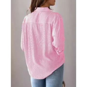CUNLIN Pink Womens Tops for Women Striped Shirt Light Long Sleeve Top Clothes Clothing Button Down Shirts Fashion Blouses Pink Size XL