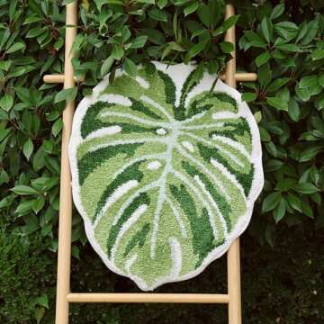 Panstar Green Leaf Mat, Large Monstera Cute Non Slip Palm Shaped Plush Fun Kitchen, Bathroom Bathtub...