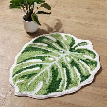 Panstar Green Leaf Mat, Large Monstera Cute Non Slip Palm Shaped Plush Fun Kitchen, Bathroom Bathtub Rugs Machine Washable