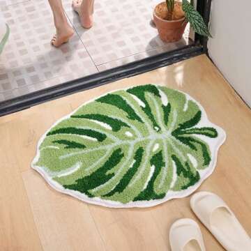 Panstar Green Leaf Mat, Large Monstera Cute Non Slip Palm Shaped Plush Fun Kitchen, Bathroom Bathtub Rugs Machine Washable