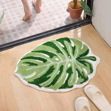 Panstar Green Leaf Mat, Large Monstera Cute Non Slip Palm Shaped Plush Fun Kitchen, Bathroom Bathtub Rugs Machine Washable