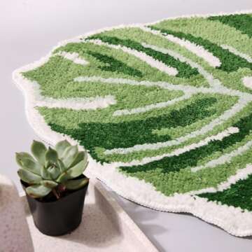 Panstar Green Leaf Mat, Large Monstera Cute Non Slip Palm Shaped Plush Fun Kitchen, Bathroom Bathtub Rugs Machine Washable