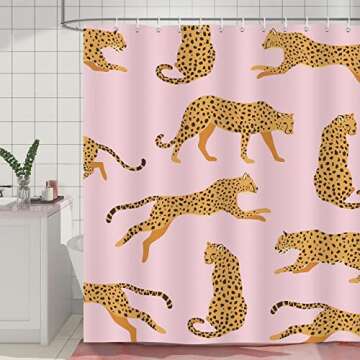 Bonhause Pink Leopard Shower Curtain, Trendy Cheetah Tropical Animal Bathroom Curtain 72x72 Inch Pol...