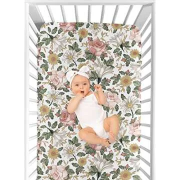 Sweet Jojo Designs Vintage Floral Boho Girl Fitted Crib Sheet Baby or Toddler Bed Nursery - Blush Pink, Yellow, Green and White Shabby Chic Rose Flower Farmhouse