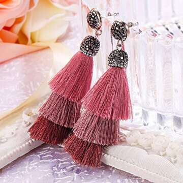 BriLove Wine Red Tassel Earrings for Women Bohemian Boho Ombre Layered Fringe Thread Chandelier Black Crystal Dangle Silver-Tone