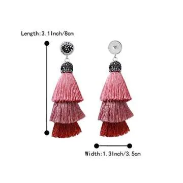 BriLove Wine Red Tassel Earrings for Women Bohemian Boho Ombre Layered Fringe Thread Chandelier Black Crystal Dangle Silver-Tone