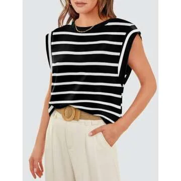 OFEEFAN Black and White Striped Shirt Cap Sleeve Tops Loose Tank Tops for Women Tshirt Sleeveless Summer Outfits Women Casual Tank M