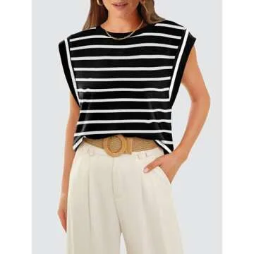 OFEEFAN Black and White Striped Shirt Cap Sleeve Tops Loose Tank Tops for Women Tshirt Sleeveless Summer Outfits Women Casual Tank M