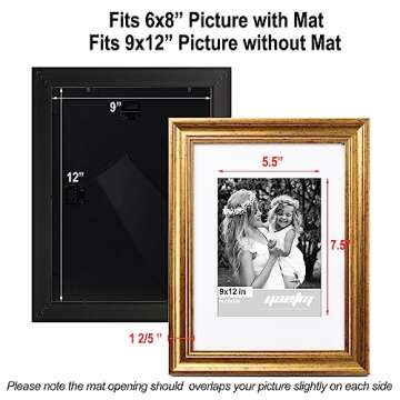 Yaetm Gold 9x12 Picture Frame Matted to 6x8 Set of 4, 1.4” Wide Molding & Rustic Gold Photo Frames 9 x 12 with Tempered Glass, Display on Tabletop & Wall Mounting, 4 Pack