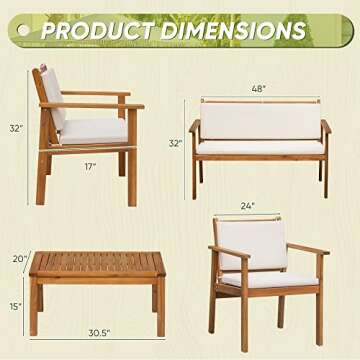 Flamaker Patio Furniture 4 Piece Outdoor Acacia Wood Patio Conversation Sofa Set with Table & Cushions Porch Furniture for Deck, Balcony, Backyard