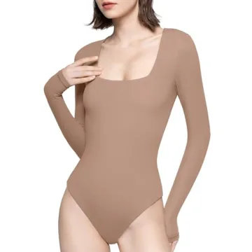 PUMIEY Long Sleeve Bodysuit - Chic Slim Fit Square Neck in Chocolate