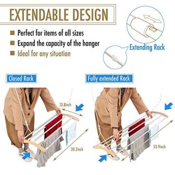 INNOKA Extendable Ceiling Mounted Drying Rack, Luxury Birch Wood with 5 Strong Aluminum Bars [Space Saving] Clothes Laundry Dryer Hanger with Smart Pulley System, Extended up to 55", Maximum Load 9KG