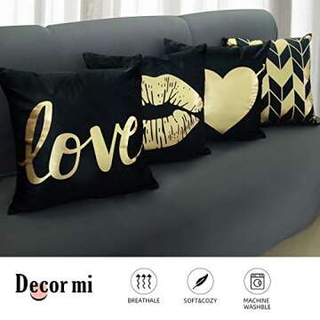 Decor MI Throw Pillow Covers Black Gold Bronzing Flannel Square Pillow Cases Lips Love Stripe Pattern Decorative Cushion Pillow Covers 18 x 18 for Home Bedroom Living Room Sofa, Set of 4