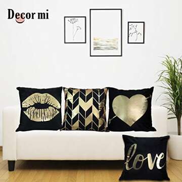 Decor MI Throw Pillow Covers Black Gold Bronzing Flannel Square Pillow Cases Lips Love Stripe Pattern Decorative Cushion Pillow Covers 18 x 18 for Home Bedroom Living Room Sofa, Set of 4