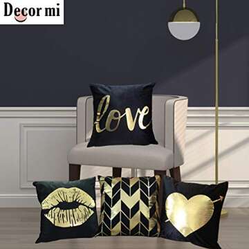 Decor MI Throw Pillow Covers Black Gold Bronzing Flannel Square Pillow Cases Lips Love Stripe Pattern Decorative Cushion Pillow Covers 18 x 18 for Home Bedroom Living Room Sofa, Set of 4
