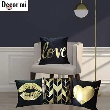 Decor MI Throw Pillow Covers Black Gold Bronzing Flannel Square Pillow Cases Lips Love Stripe Pattern Decorative Cushion Pillow Covers 18 x 18 for Home Bedroom Living Room Sofa, Set of 4