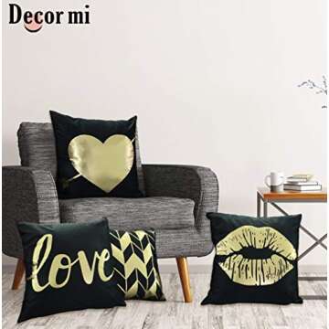 Decor MI Throw Pillow Covers Black Gold Bronzing Flannel Square Pillow Cases Lips Love Stripe Pattern Decorative Cushion Pillow Covers 18 x 18 for Home Bedroom Living Room Sofa, Set of 4