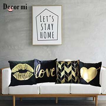 Decor MI Throw Pillow Covers Black Gold Bronzing Flannel Square Pillow Cases Lips Love Stripe Pattern Decorative Cushion Pillow Covers 18 x 18 for Home Bedroom Living Room Sofa, Set of 4