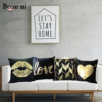 Decor MI Throw Pillow Covers Black Gold Bronzing Flannel Square Pillow Cases Lips Love Stripe Pattern Decorative Cushion Pillow Covers 18 x 18 for Home Bedroom Living Room Sofa, Set of 4