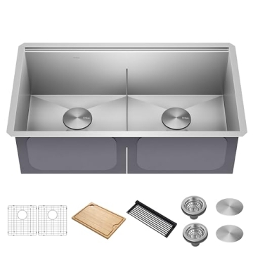 KRAUS Kore 33-Inch Undermount Workstation 16 Gauge Double Bowl Stainless Steel Kitchen Sink with Acc...
