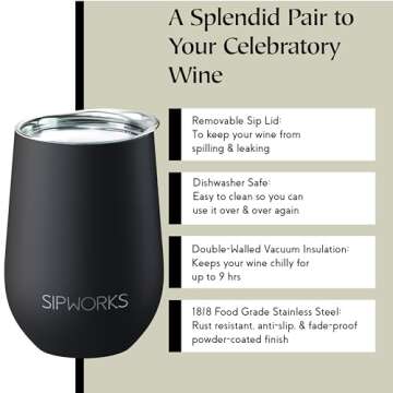 Sipworks Wine Tumbler with Lid - 12 oz Stainless Steel Tumblers with Removable Lid & Double Walled Vacuum Insulation - Leakproof, Shatterproof Insulated Wine Tumbler for Travel - White Marble