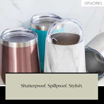 Sipworks Wine Tumbler with Lid - 12 oz Stainless Steel Tumblers with Removable Lid & Double Walled Vacuum Insulation - Leakproof, Shatterproof Insulated Wine Tumbler for Travel - White Marble