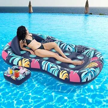 LUSVNEX Pool Lounger Float, Hawaii Style Inflatable Pool Floats Adult with Detachable Cupholder Caddy, Water Hammock Pool Rafts for Pool, Lake, Outdoor