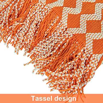NTBAY Acrylic Knitted Throw Blanket, Lightweight and Soft Cozy Decorative Woven Blanket with Tassels for Travel, Couch, Bed, Sofa, 51x67 Inches, Orange and White Wave