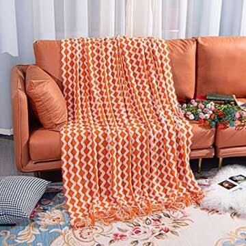 NTBAY Acrylic Knitted Throw Blanket, Lightweight and Soft Cozy Decorative Woven Blanket with Tassels for Travel, Couch, Bed, Sofa, 51x67 Inches, Orange and White Wave