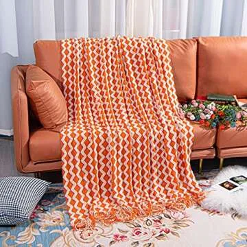 NTBAY Acrylic Knitted Throw Blanket, Lightweight and Soft Cozy Decorative Woven Blanket with Tassels for Travel, Couch, Bed, Sofa, 51x67 Inches, Orange and White Wave