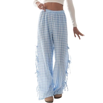 Women Y2k Ginghem Tie Up Pants Casual Loose Fit Wide Leg High Waist Drawstring Pants Vintage Streetw...