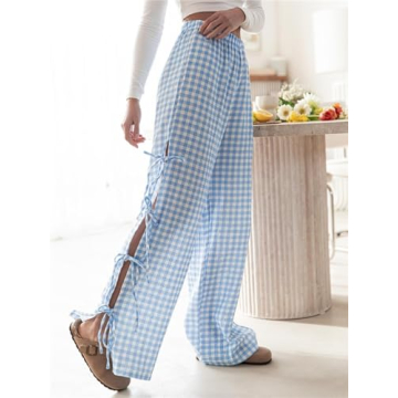 Women Y2k Ginghem Tie Up Pants Casual Loose Fit Wide Leg High Waist Drawstring Pants Vintage Streetwear Lounge Pants Blue