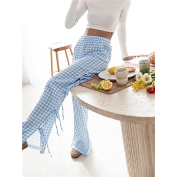 Women Y2k Ginghem Tie Up Pants Casual Loose Fit Wide Leg High Waist Drawstring Pants Vintage Streetwear Lounge Pants Blue