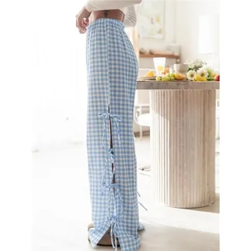 Women Y2k Ginghem Tie Up Pants Casual Loose Fit Wide Leg High Waist Drawstring Pants Vintage Streetwear Lounge Pants Blue