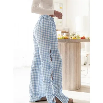 Women Y2k Ginghem Tie Up Pants Casual Loose Fit Wide Leg High Waist Drawstring Pants Vintage Streetwear Lounge Pants Blue
