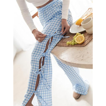 Women Y2k Ginghem Tie Up Pants Casual Loose Fit Wide Leg High Waist Drawstring Pants Vintage Streetwear Lounge Pants Blue