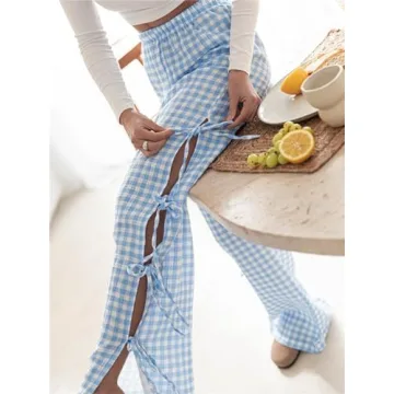 Women Y2k Ginghem Tie Up Pants Casual Loose Fit Wide Leg High Waist Drawstring Pants Vintage Streetwear Lounge Pants Blue