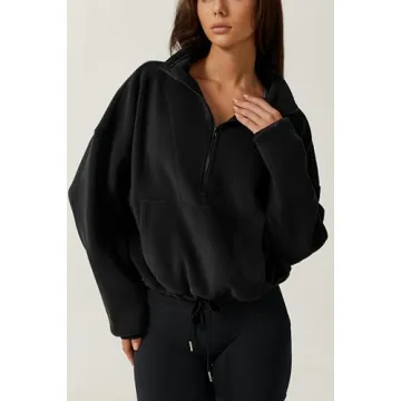 QINSEN Polar Fleece Sweatshirt for Women Half Zip kangaroo Pocket Relax Fit Pullover Jumpers Black S