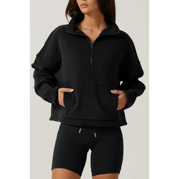 QINSEN Polar Fleece Sweatshirt for Women Half Zip kangaroo Pocket Relax Fit Pullover Jumpers Black S