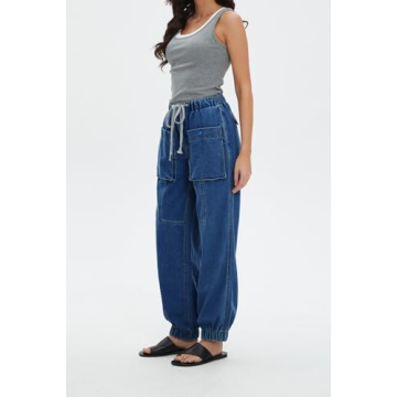 EZAPINE Women's Denim Joggers Pull On Drawstring Elastic Waist Jean Sweatpants with Pocket