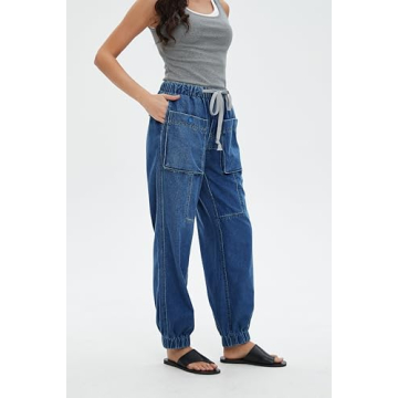 EZAPINE Women's Denim Joggers Pull On Drawstring Elastic Waist Jean Sweatpants with Pocket