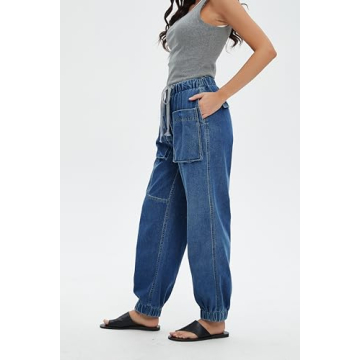 EZAPINE Women's Denim Joggers Pull On Drawstring Elastic Waist Jean Sweatpants with Pocket