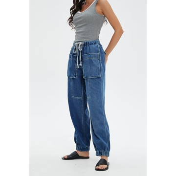 EZAPINE Women's Denim Joggers Pull On Drawstring Elastic Waist Jean Sweatpants with Pocket