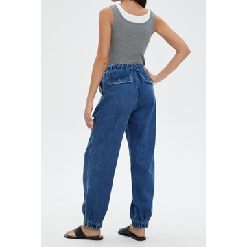 EZAPINE Women's Denim Joggers Pull On Drawstring Elastic Waist Jean Sweatpants with Pocket