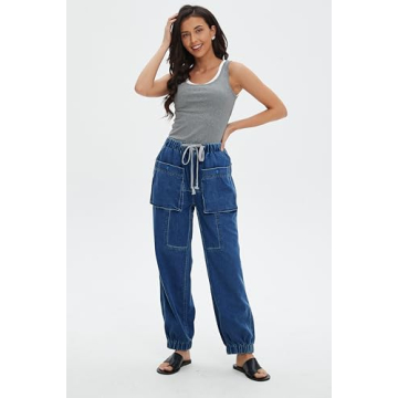 EZAPINE Women's Denim Joggers Pull On Drawstring Elastic Waist Jean Sweatpants with Pocket