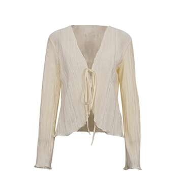 Women Sheer Button Up Blouse Flare Sleeve Crop Top