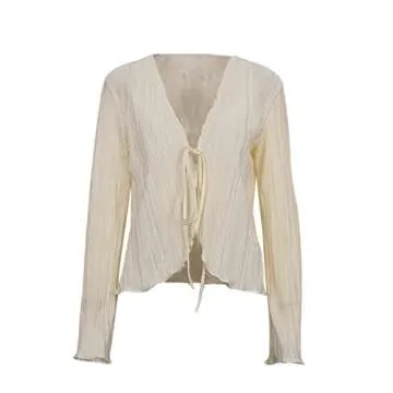 Women Sheer Button Up Blouse Flare Sleeve Crop Top