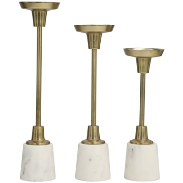 Deco 79 Aluminum Slim Candle Holder with White Marble Base, Set of 3 15, 13, 11" H, Gold